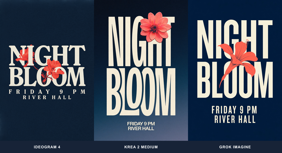 Night Bloom poster outputs from Ideogram 4, Krea 2 Medium, and Grok Imagine