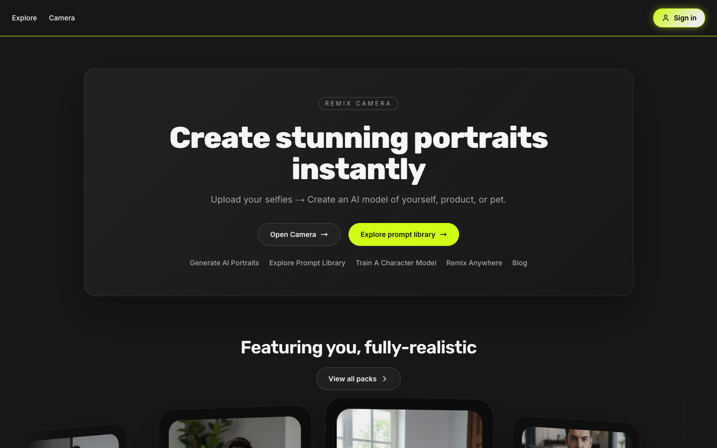 Remix.Camera homepage with portrait generation and a prompt library